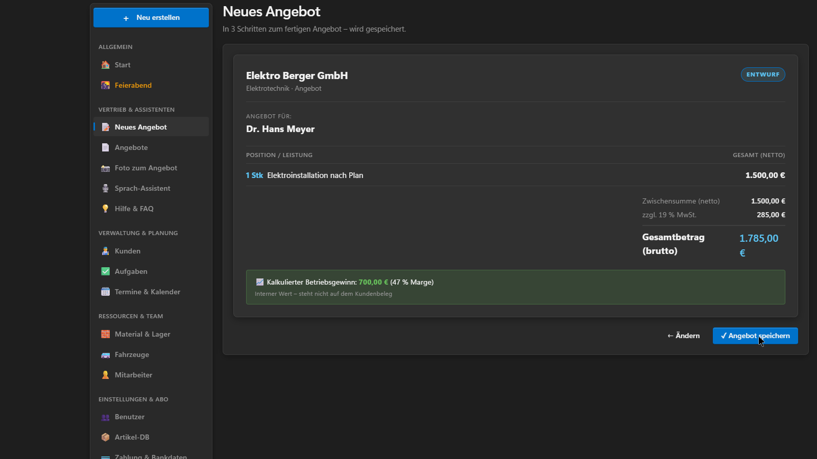 Echter Screenshot: Angebot erstellen, kalkulieren und verbindlich annehmen lassen
