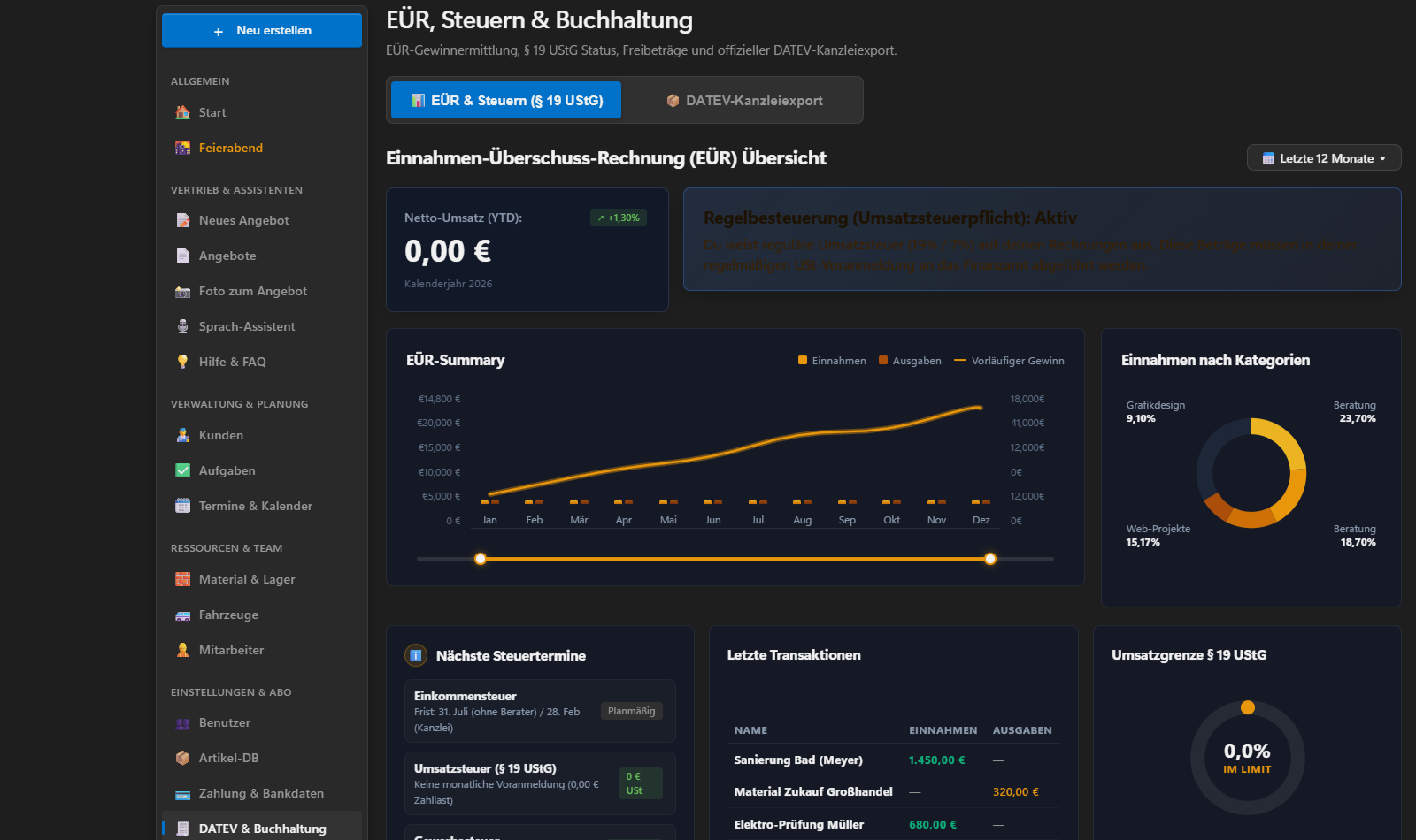 Echter Screenshot: EÜR, Steuern nach § 19 UStG und DATEV-Export